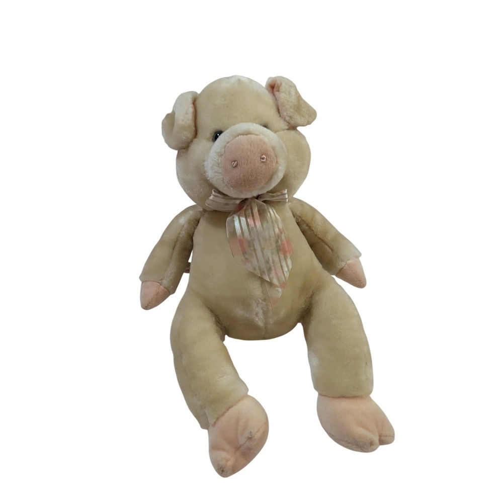 Sugar Loaf Tan Pink Pig Plush Stuffed Animal with Ribbon Bow 12 Inch